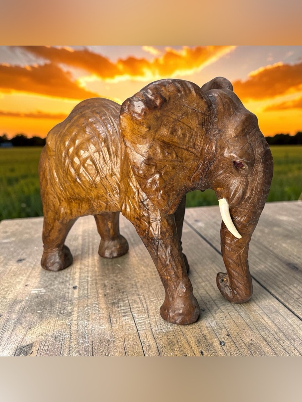 Hand Carved Teak Wood Elephant Sculpture Trunk Down Realistic Red Eyes Figurine
